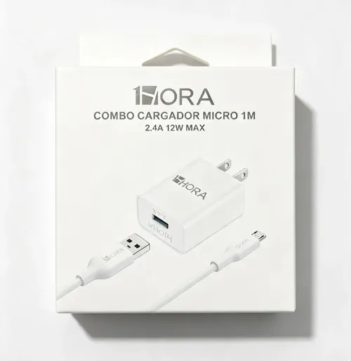 Combo Cargador 1HORA GAR124 — Micro-USB, 2.4A / 12W, Cable de 1 Metro, Blanco
