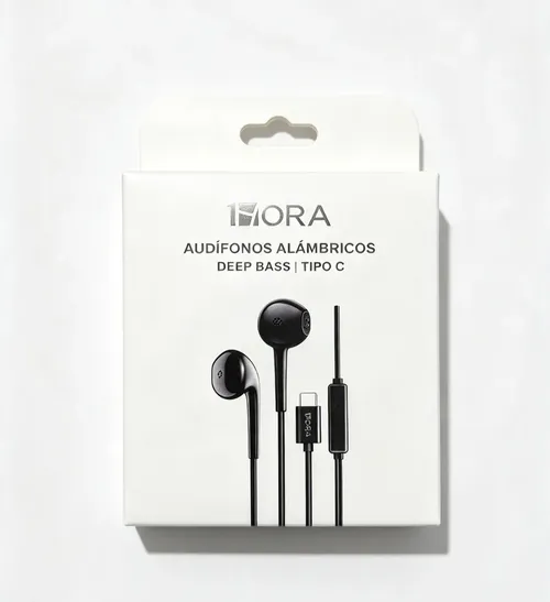 Audífonos negro  Alámbricos 1HORA AUT124 — Deep Bass, Conector Tipo-C, Color Negro